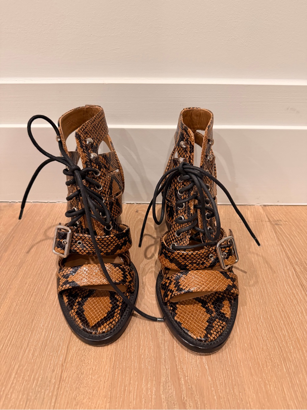 Chloe Brown Snake-Print Lace-Up Sandal Boots Size 37